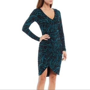 NEW Guess Abstract Print Jersey Long Sleeve Knee Length Dress Black Teal